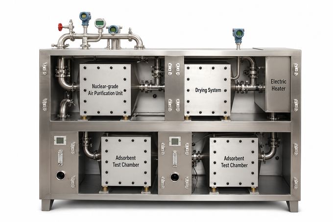 Iodine Air Systems nuclear-grade air purification system — hospital HVAC filtration configuration showing Nuclear-grade Air Purification Unit, Drying System and Electric Heater — ASHRAE 241 air cleaning technology