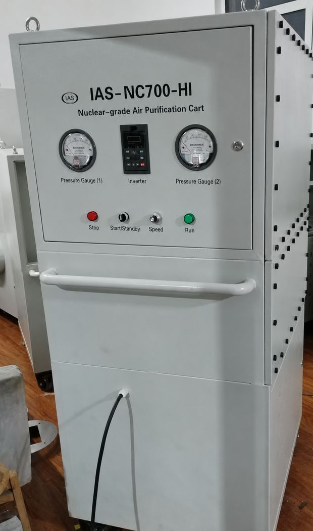 IAS-NC700-HI Nuclear-grade Air Purification Cart — Control panel showing Magnehelic pressure gauges, inverter/VFD, Start/Standby/Speed/Run controls