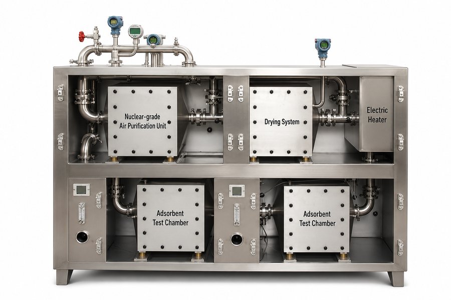Iodine Air Systems Nuclear-grade Air Purification System — 304 SS unit showing Nuclear-grade Air Purification Unit, Drying System, Electric Heater (top row) and dual Adsorbent Test Chambers (bottom row) with Rosemount pressure transmitters and stainless piping manifold — University lab and industrial iodine filtration system
